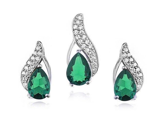 Podłużny Rodowan Srebrny Komplet Szmaragd Cyrkonie Z0612K_G