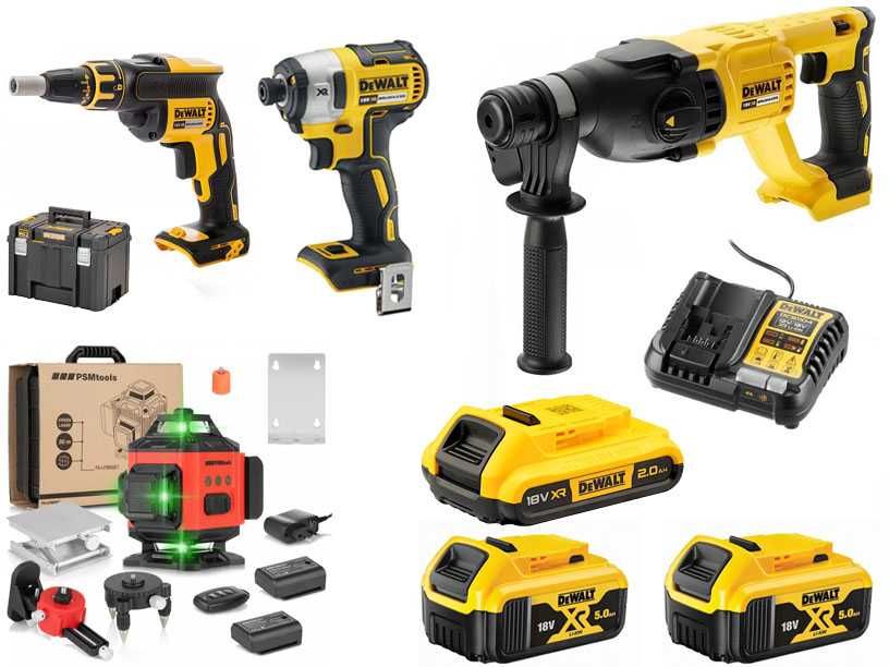 Zestaw Dewalt Młotowiertarka zakrętak wkrętarka 2 i 5ah Laser Psmtools