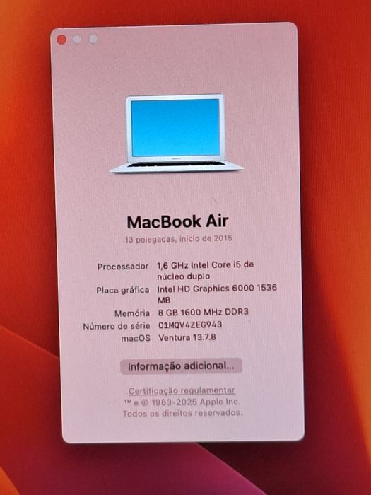 MacBook Air 13.3'' Intel Core i5, 8 Gigas RAM, MacOSVentura, Impecável