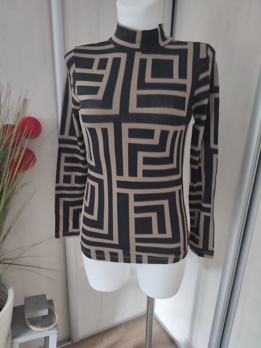 Bluzka damska , wzór labirynt, czarny z karmelowym , roz xs , nowa ,