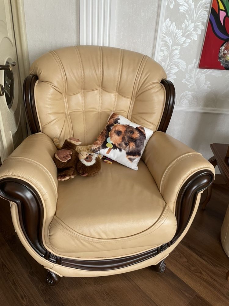 Кожанный диван + 1 кресло (натуральная кожа)