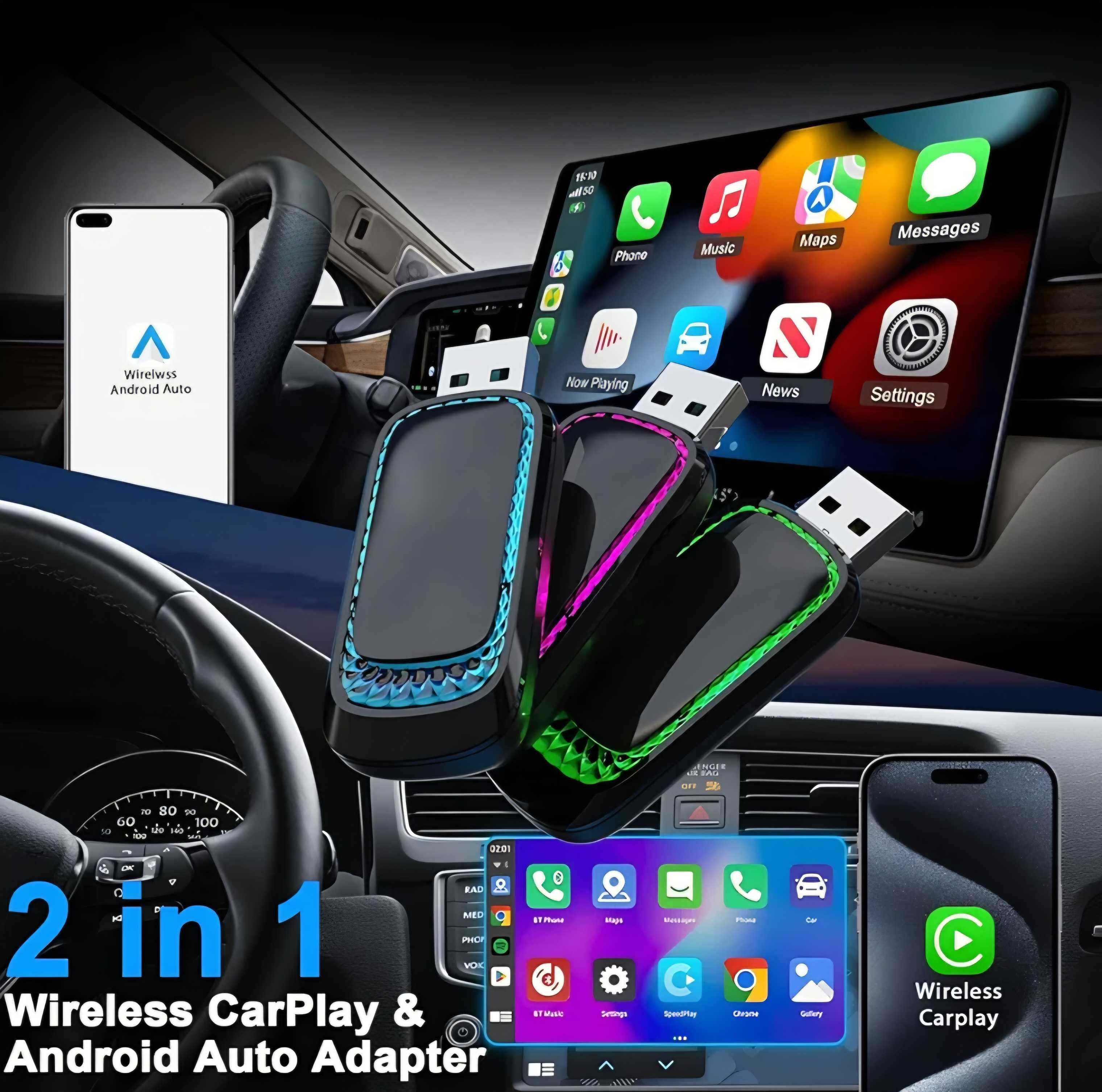 Bezprzewodowy adapter 2w1 Android Auto CarPlay BT WiFi USB-A USB-C RGB