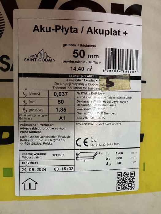 Wełna mineralna Isover Aku-Płyta 5 cm szklana 0,037 W/(mK)