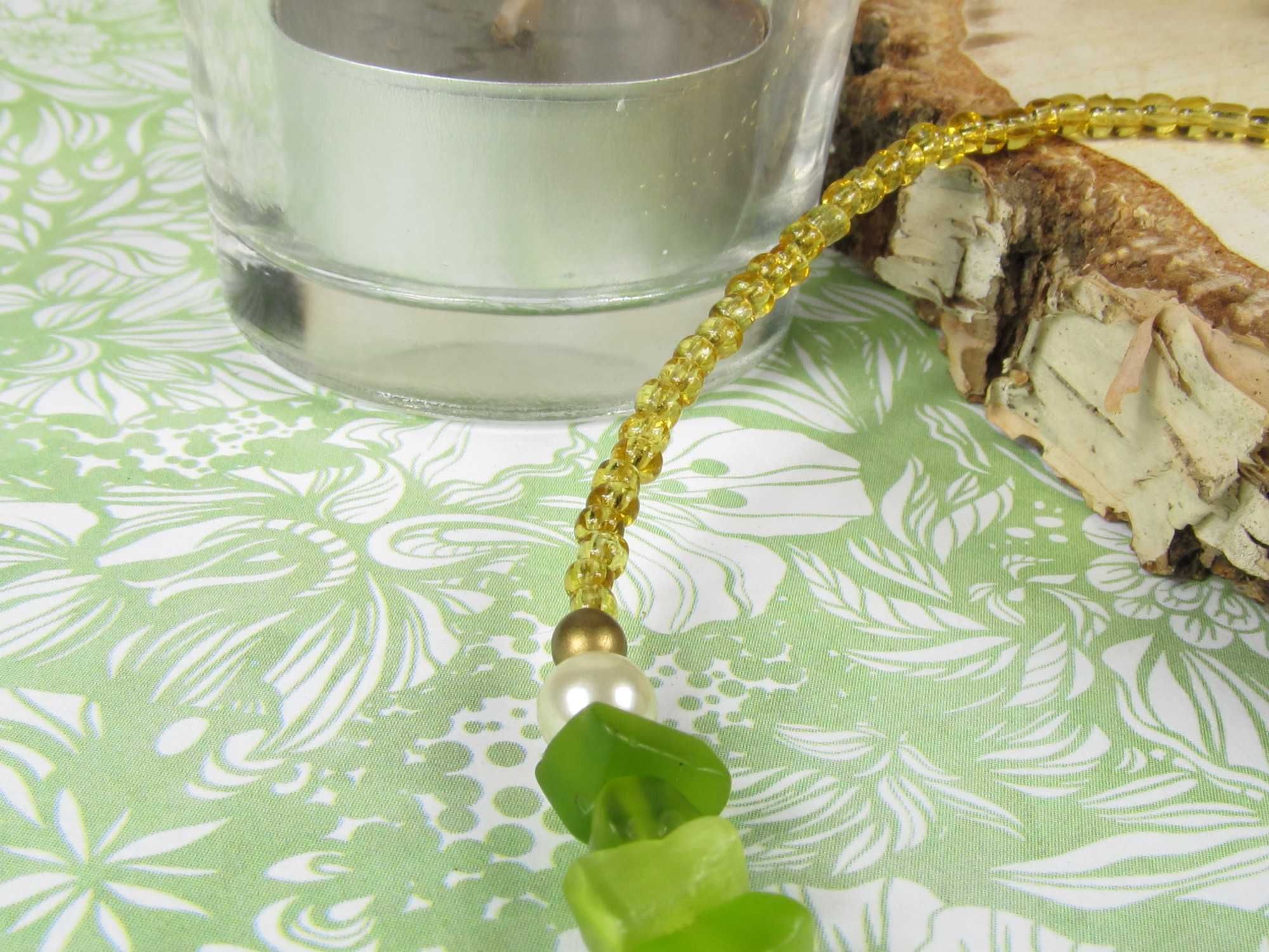 Naszyjnik kolczyki kamyki masa perłowa zielony beżowy złoty handmade