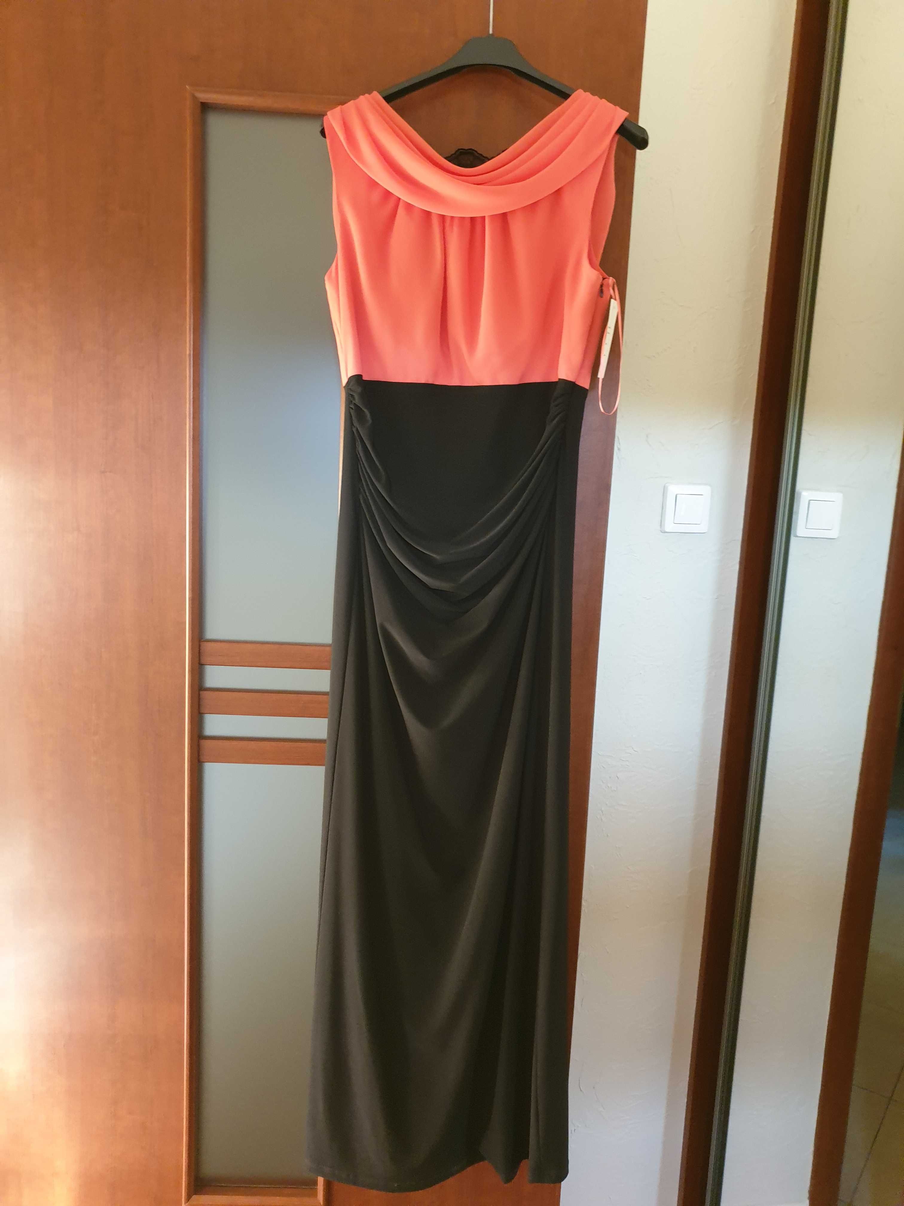 sukienka czarno łososiowa długa balowa, nowa, rozmiar 42