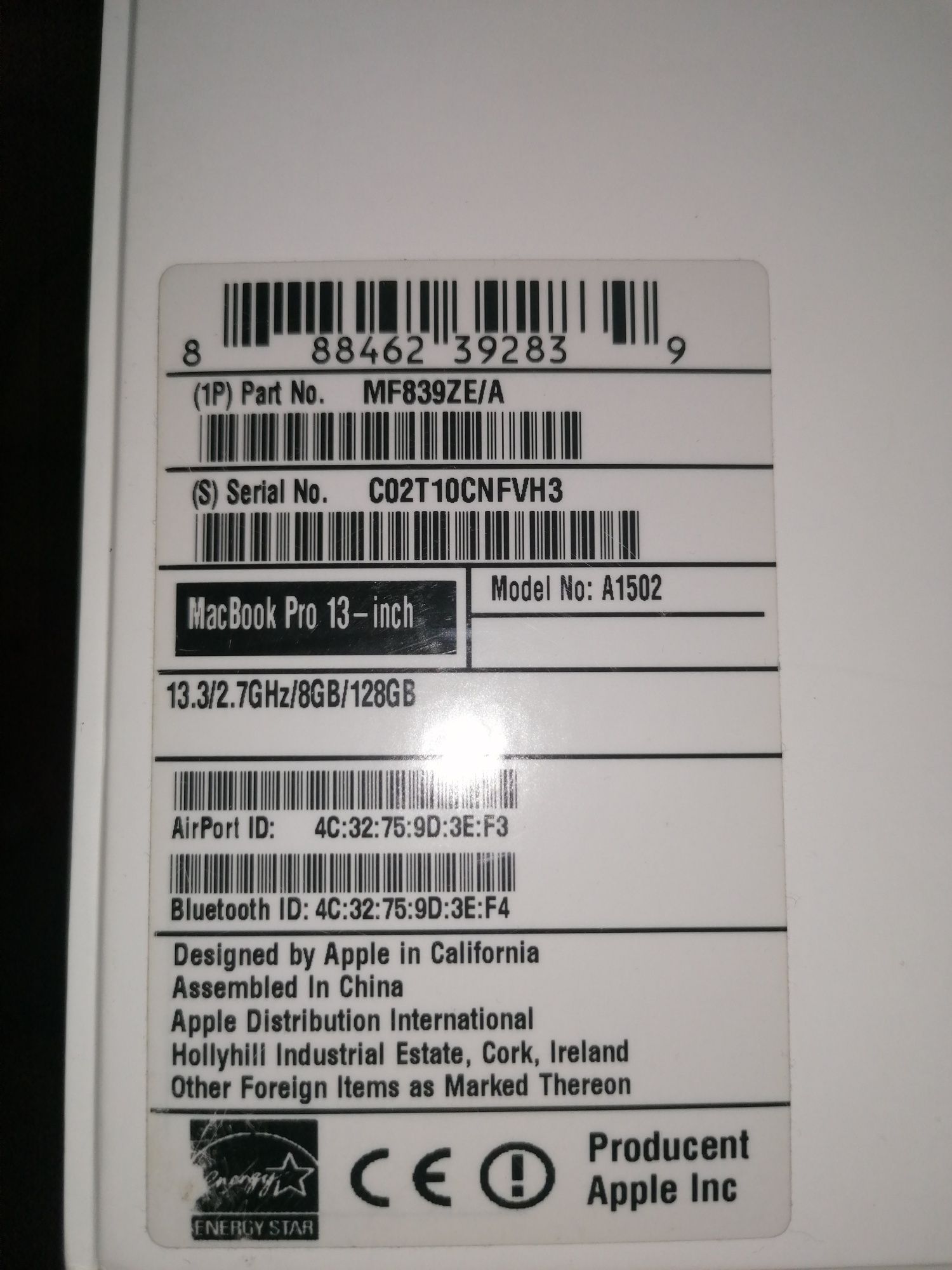 Macbook Pro A1502 apple