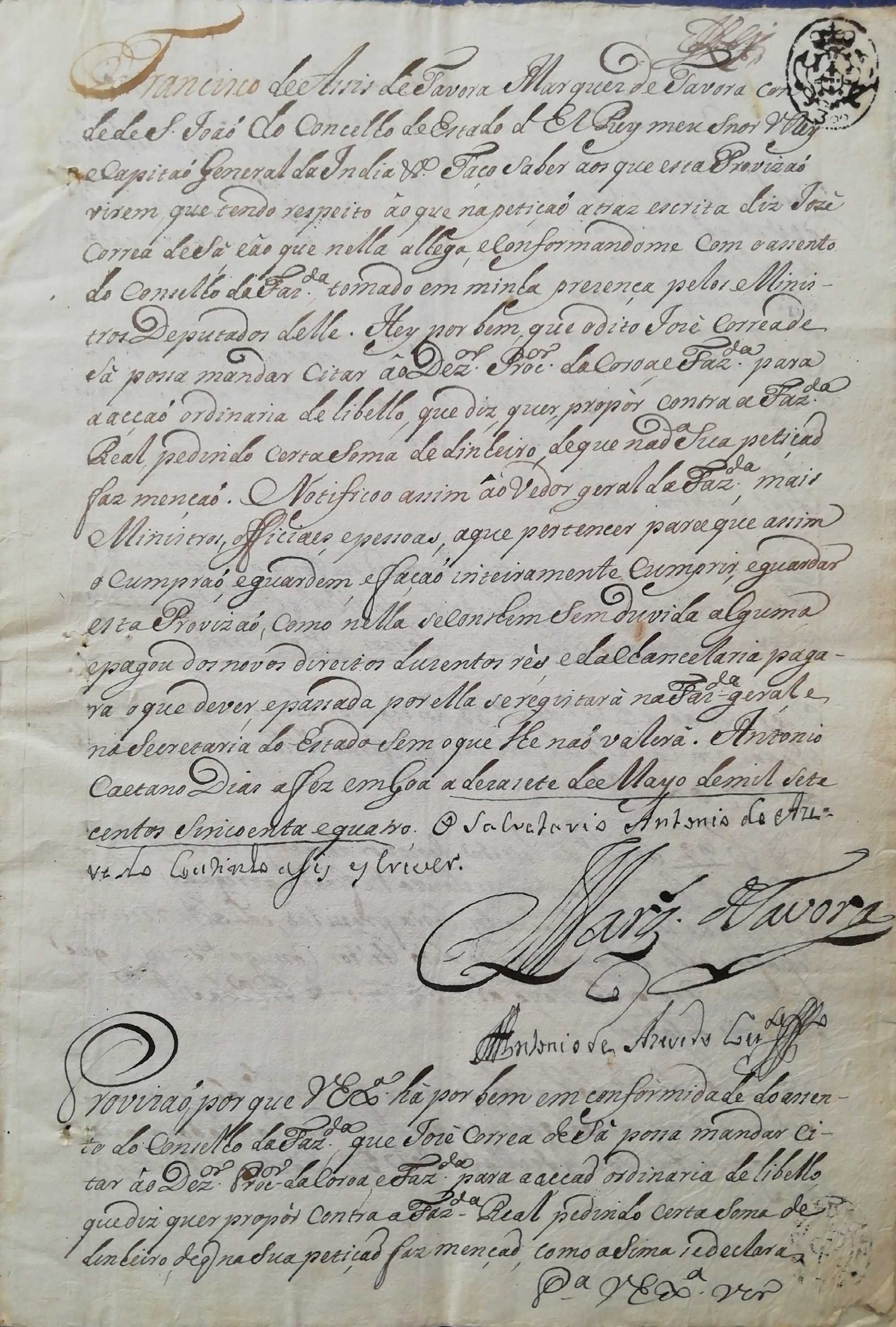 MARQUÊS DE TÁVORA - Raríssimo Autógrafo Original de 1754 do Mártir !!!