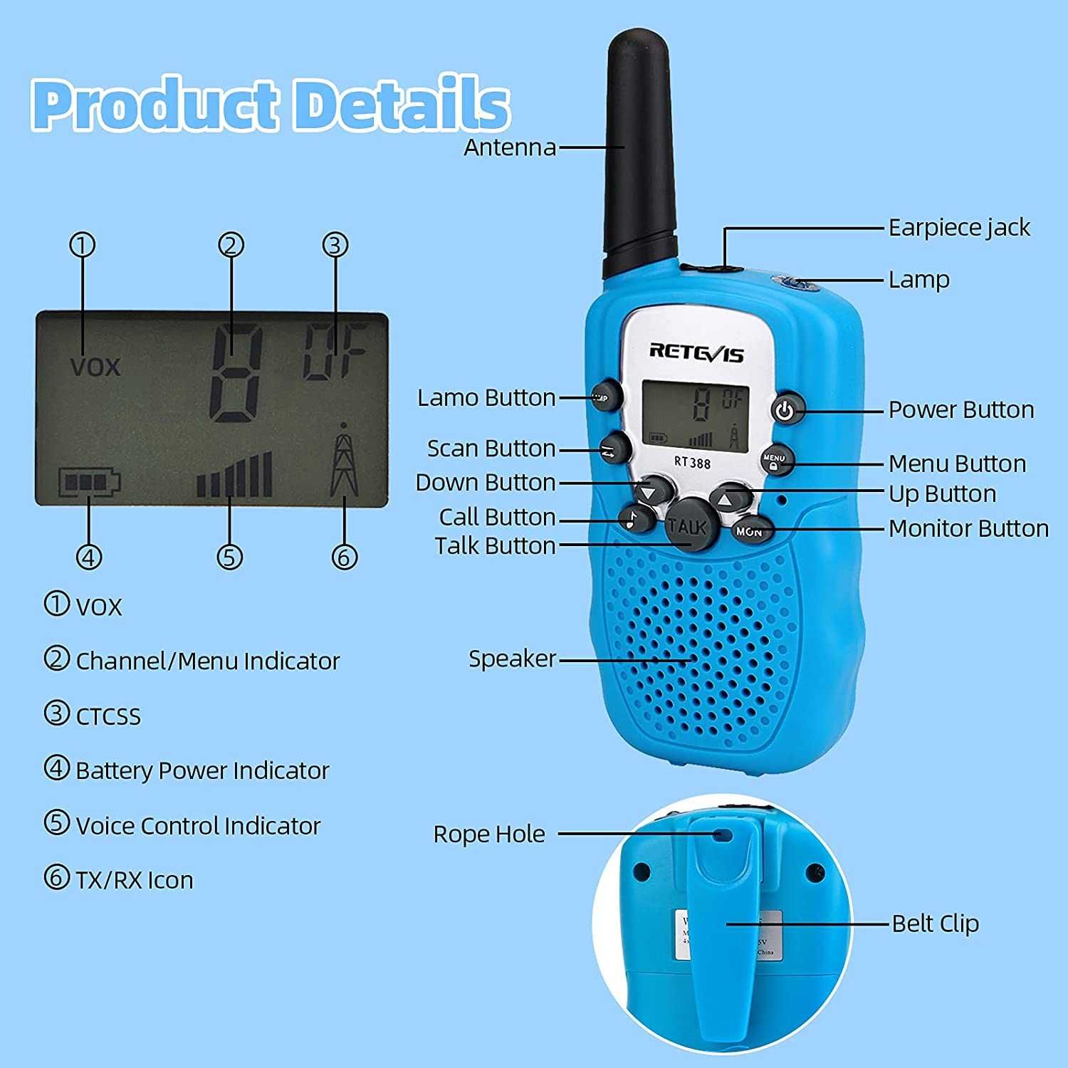 Retevis RT388 Walkie Talkie Rádios Lanterna Campismo Brinquedo  Menino