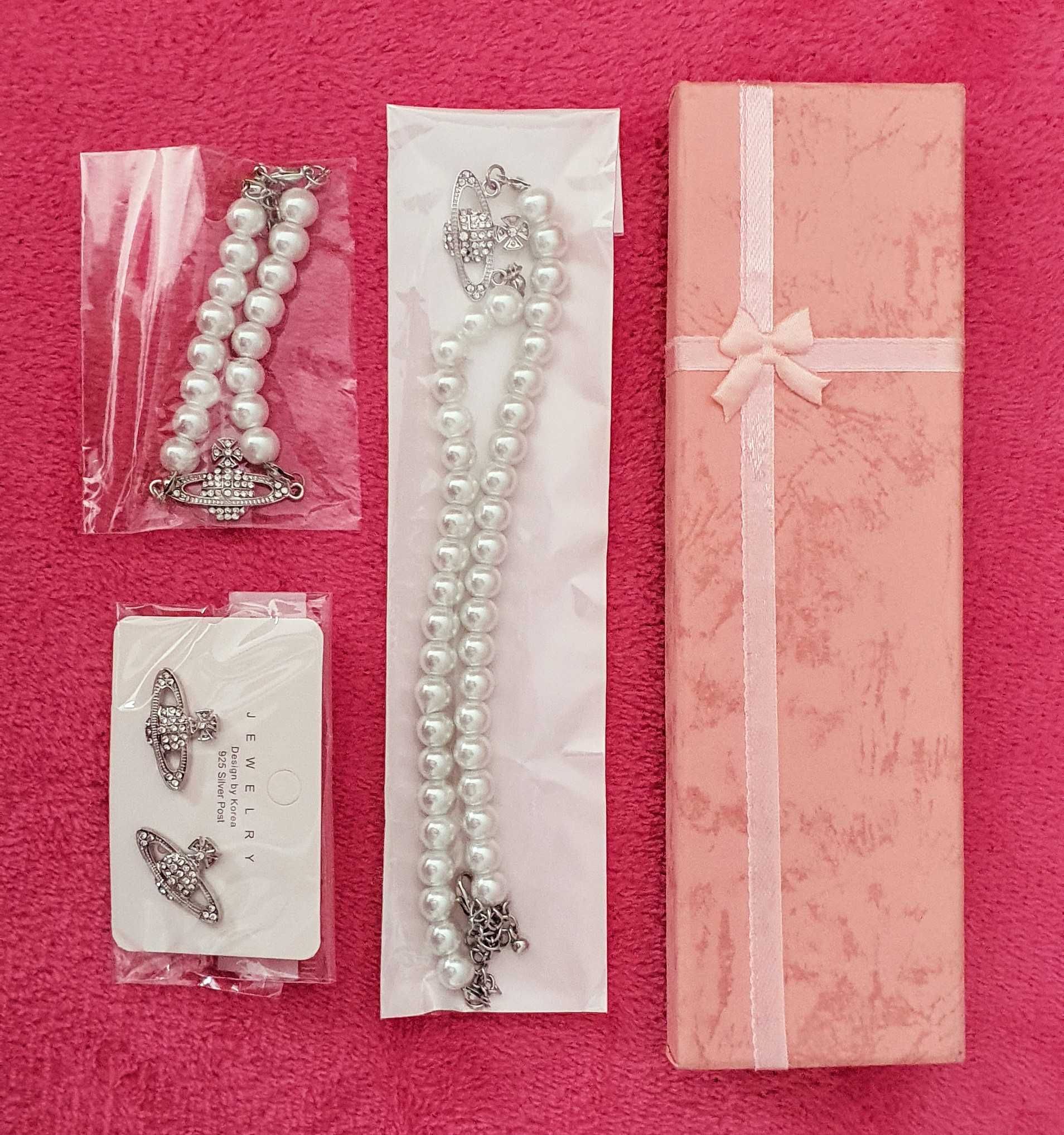 Zestaw komplet biżuteria Saturn pearl perły jewelry Korea silver y2k