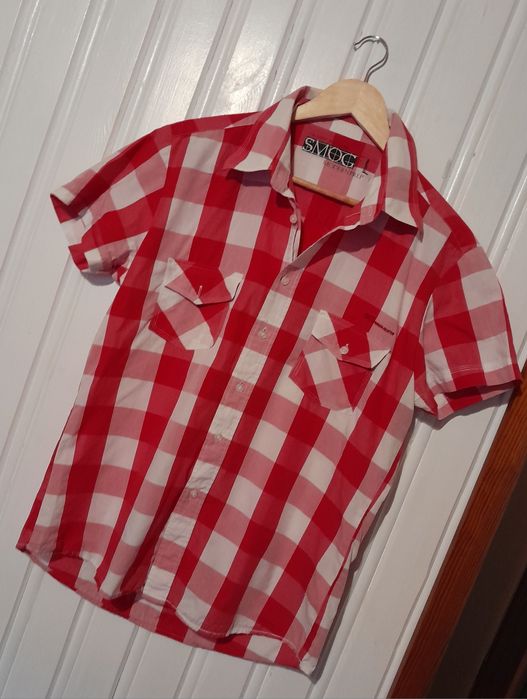 Męska koszula z krótkim rękawem w czerwono-białą kratę. Rozm. L