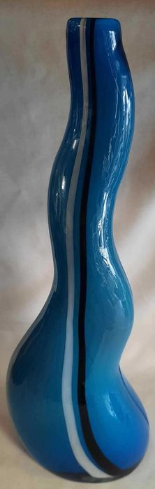 Piękny Niebieski Wazon w Pasy Szkło Vintage PRL