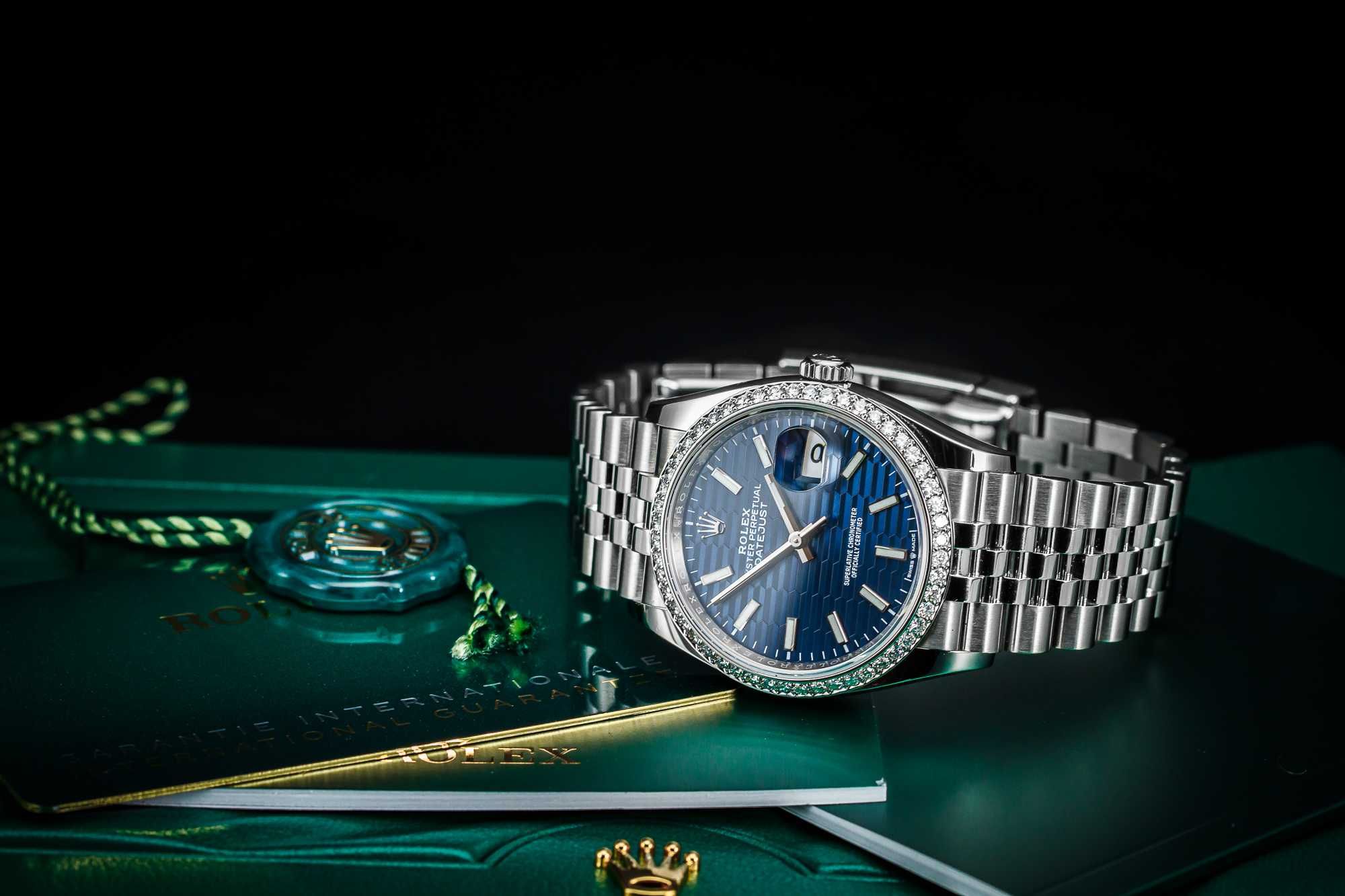 ROLEX DATEJUST 36 z brylantami / 2021 niebieska tarcza Fluted Motif