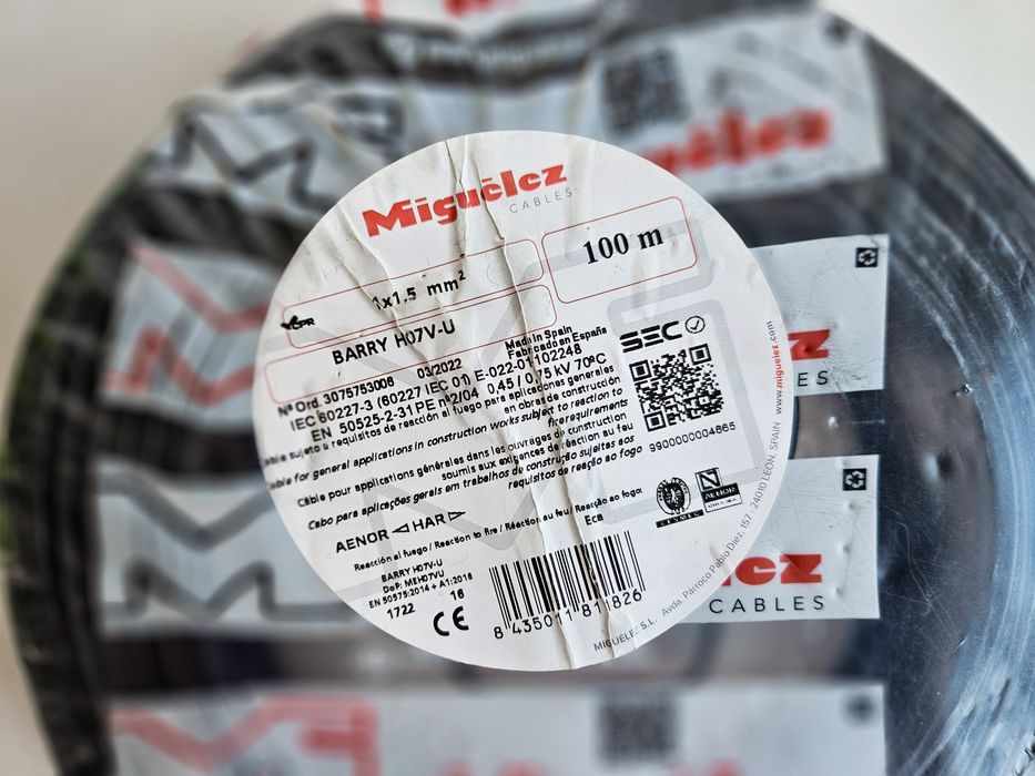 Cabo elétrico H07V-U 1x1,5mm² PT – aprox 90 m – Miguelez – novo/aberto