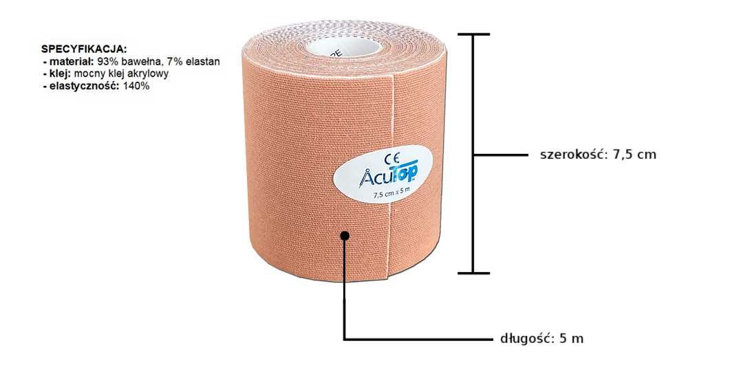 Kinesiology tape - ACUTOP - Medyczne plastry - 7,5 cm - Dł. 5 m - NOWE