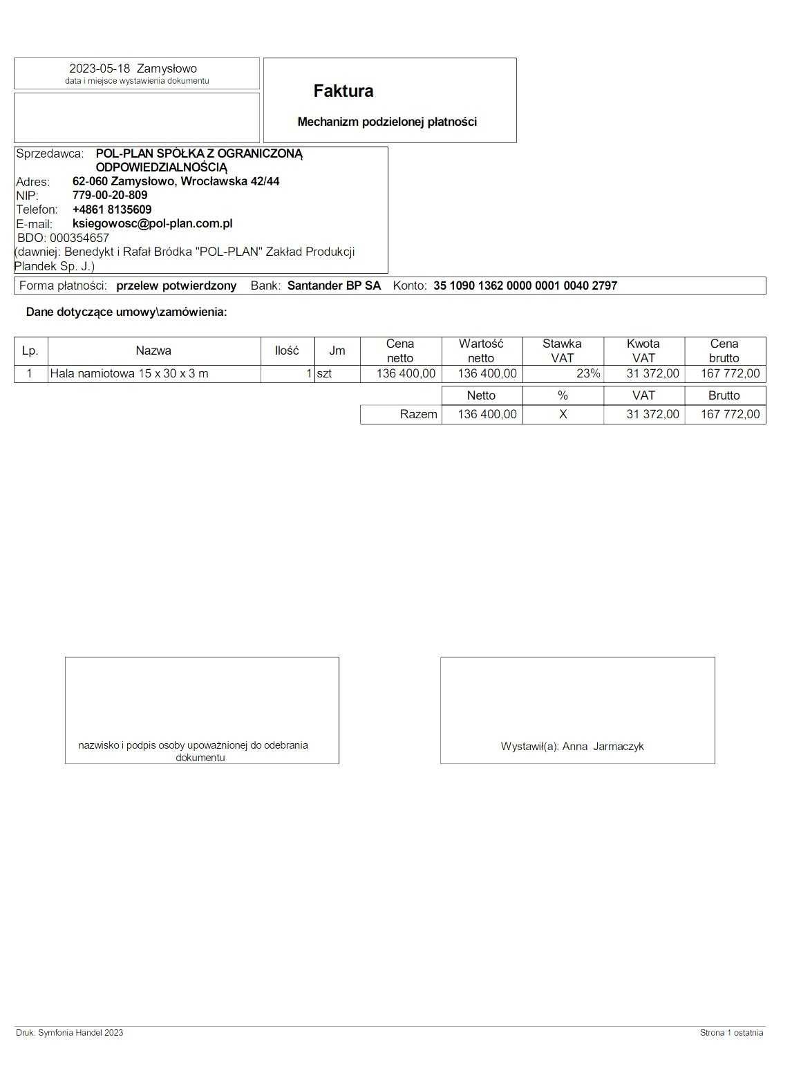 Hala namiotowa magazynowa Pol-Plan 15x30 15m x 30m Sprzedam NOWA FV