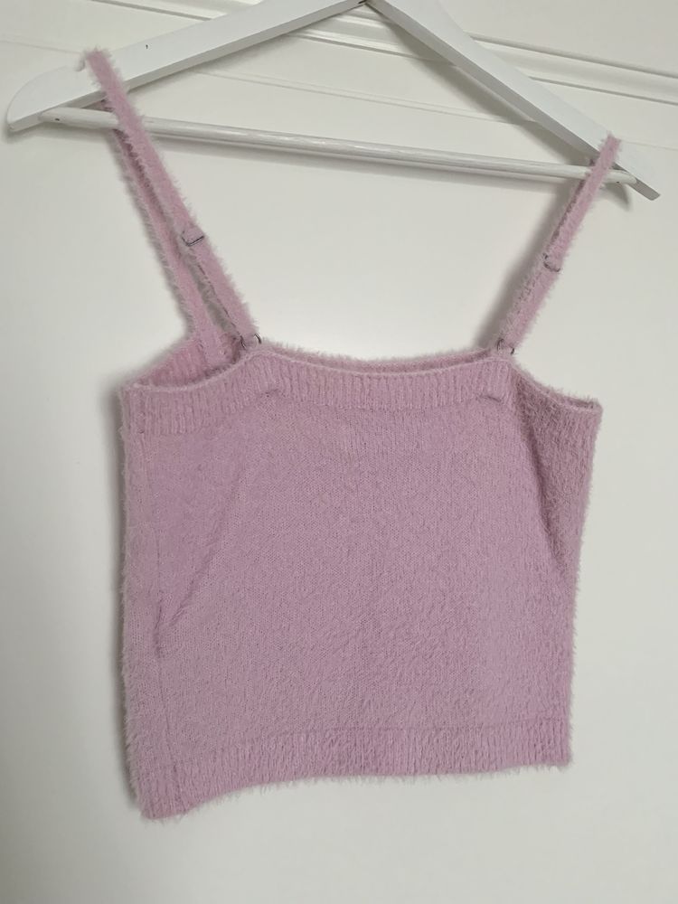 Hollister crop top fuzzy fluffy pink puszysty bluzka na ramiączkach