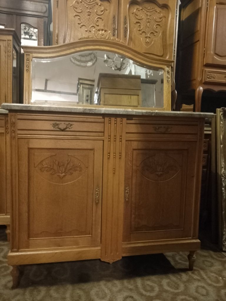 Piękny stary komplet kredens + pomocnik antyk  jasny dąb z marmurem