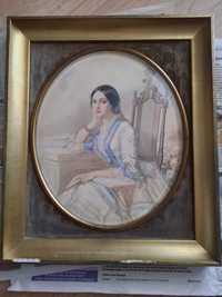 Akwarelowy obraz siedzącej kobiety (1820 / 1830 rok).