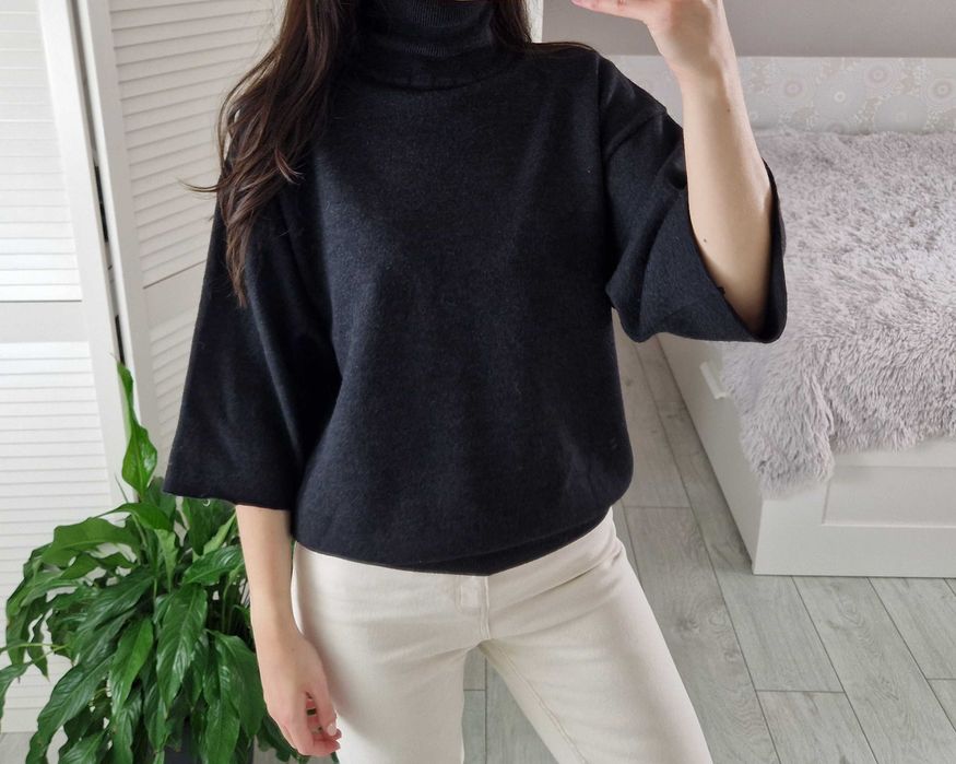 Belika ciemnoszary wełniany sweter golf 50% wełna merino oversize XL