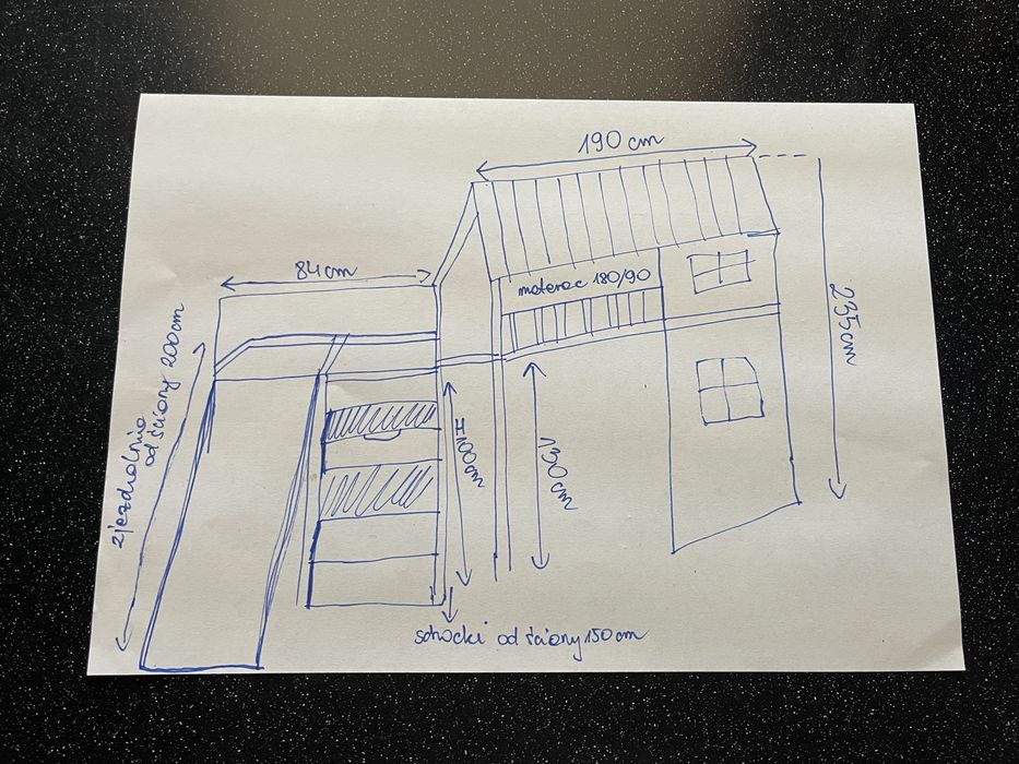 Łózko domek pietrowe drewniane z antresolą i zjezdzalnią transport