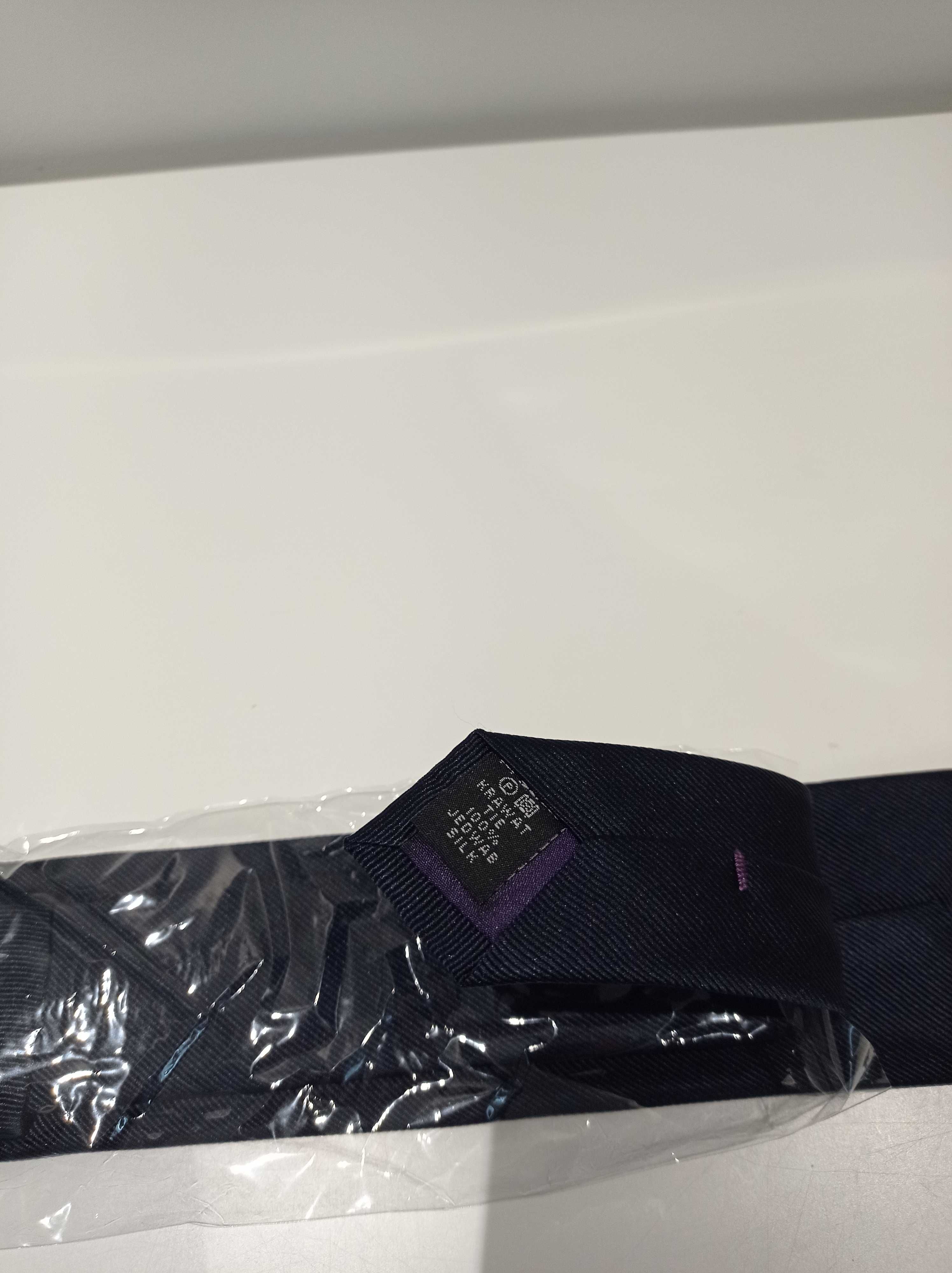 Jedwabny krawat Lambert – 100% jedwab, nowy w folii, granatowy twill