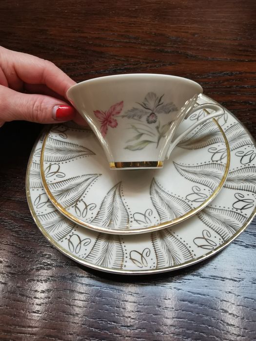 Stara porcelana Trio ecru złoto kwiat Bavaria