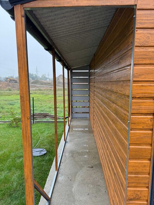 Garaż blaszany dwuspadowy 6x5.8m, złoty dąb + grafit, automat do bramy