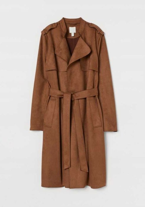 H&M długi zamszowy karmelowy płaszcz H&M wiązany oversize