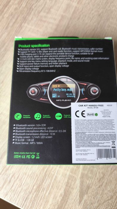 Transmiter FM Bluetooth BT08 – jak nowy, komplet!