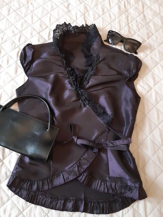 Ciemnofioletowa, elegancka bluzka, koronka, wiązana, M