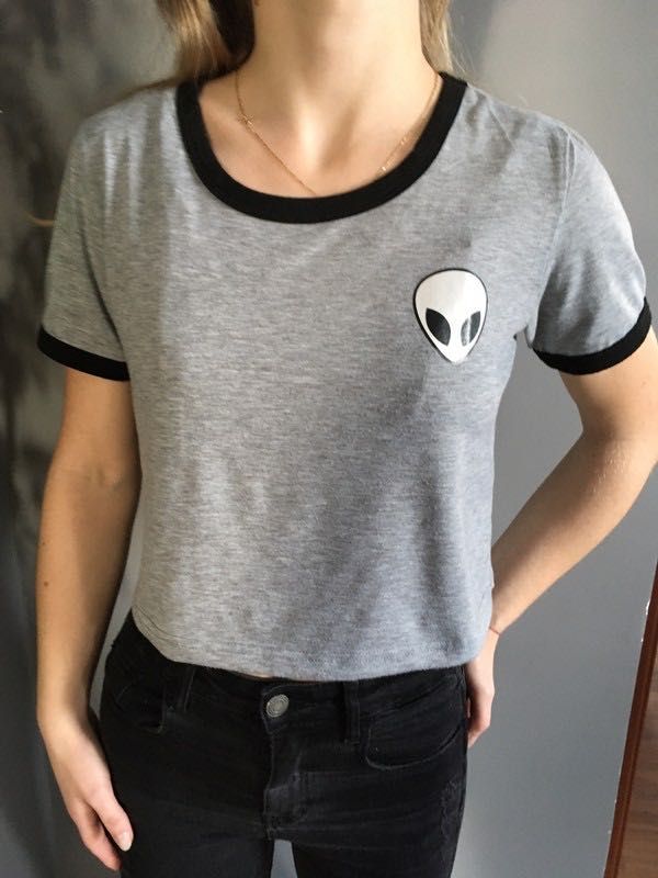 Koszulka t-shirt crop top szary UFO obcy alien zara xs s 34 36