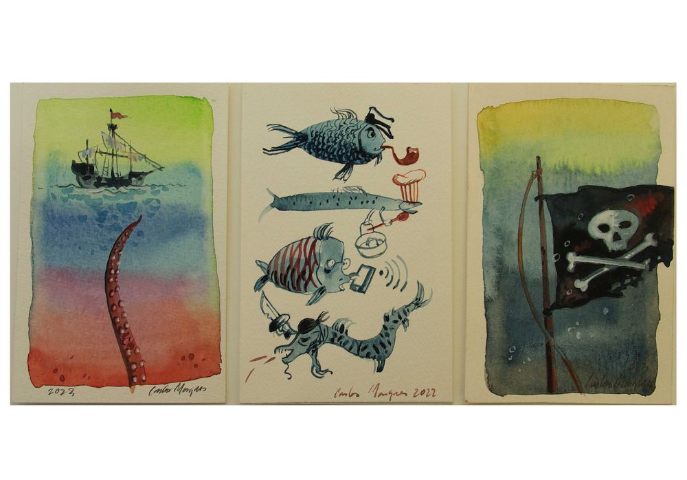 3 Aguarelas. Carlos Marques, fantasia, surreal, marinheiros.