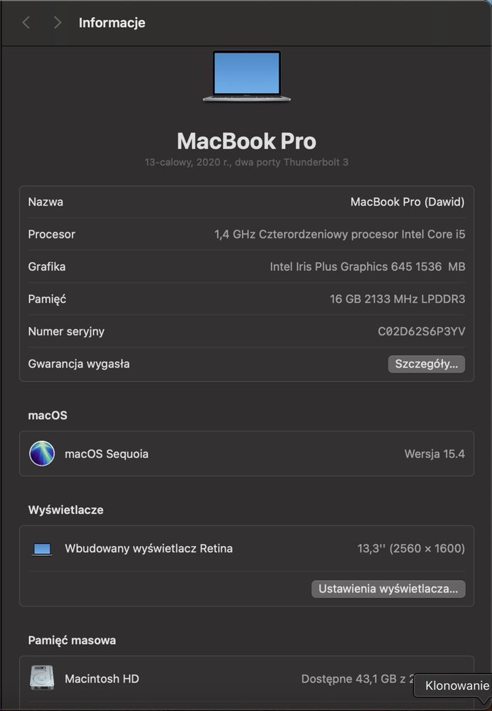 Macbook Pro 13 2020 Intel Core i5