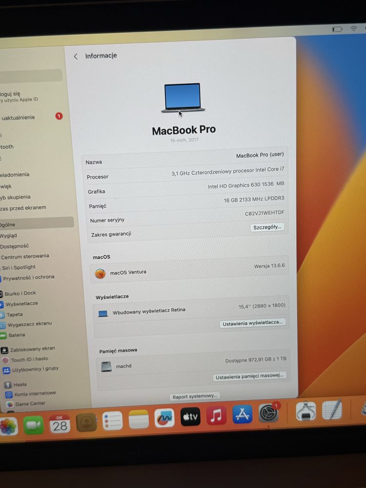 MacBook Pro  2017 I7 16gb 1tb SSD