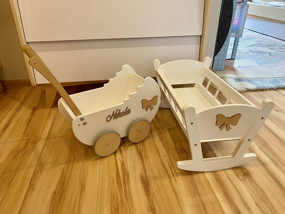 Montownia zabawek komplet drewniany wózek dla lalek kołyska Nikola