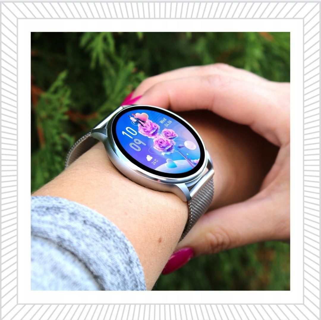 Damski SMARTWATCH Zegarek Funkcja Rozmowy Srebrny Okrągły Polskie Menu