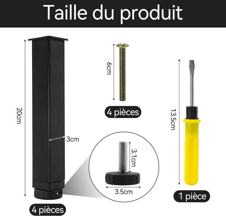 Nóżki meblowe 20 cm, metalowe, czarne, regulowane do 22 cm, 4 sztuki