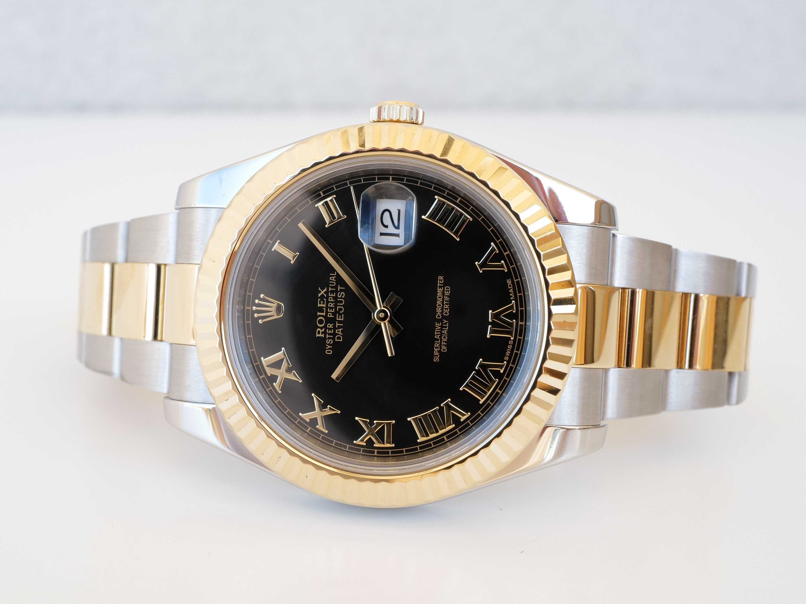 Rolex Datejust II Oyster 18K Yellow Gold Steel Black Roman Dial