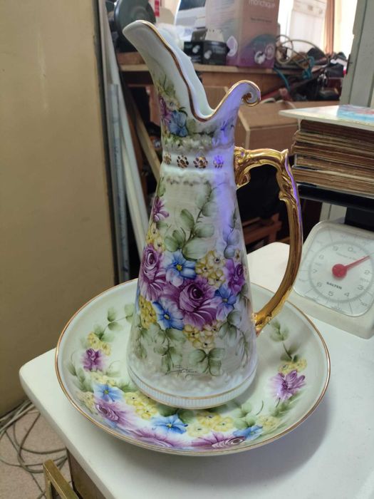 jarro e bacia porcelanas j.santana motivo floral Pintado a mao