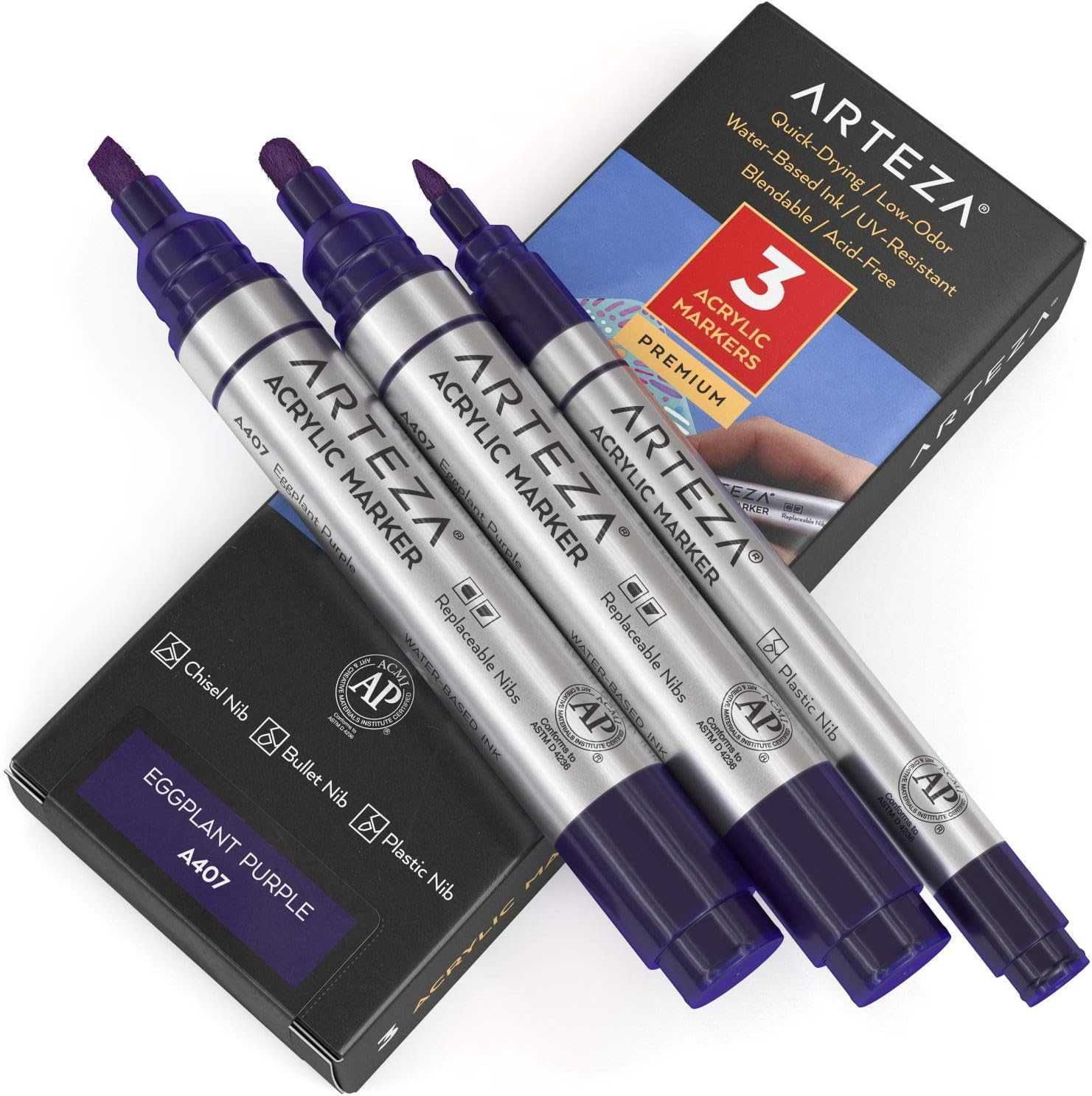 Markery akrylowe, różne końcówki, Arteza Eggplant Purple A406 3 sztuki