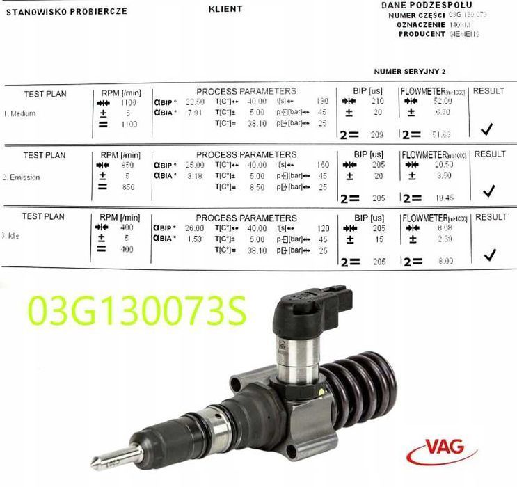 Wtryskiwacz 03G.130073S 03G.130073D 2.0 TDI VW AUDI SKODA SEAT