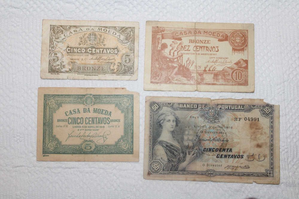 Conjunto de 4 notas de 5 -5- 10 e 50 cêntimos do escudo de 1917 e 1918