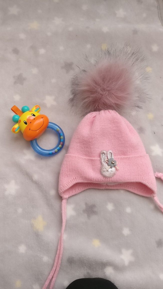 Зимова шапка, шапочка для дівчинки 0 - 6 місяців рожева