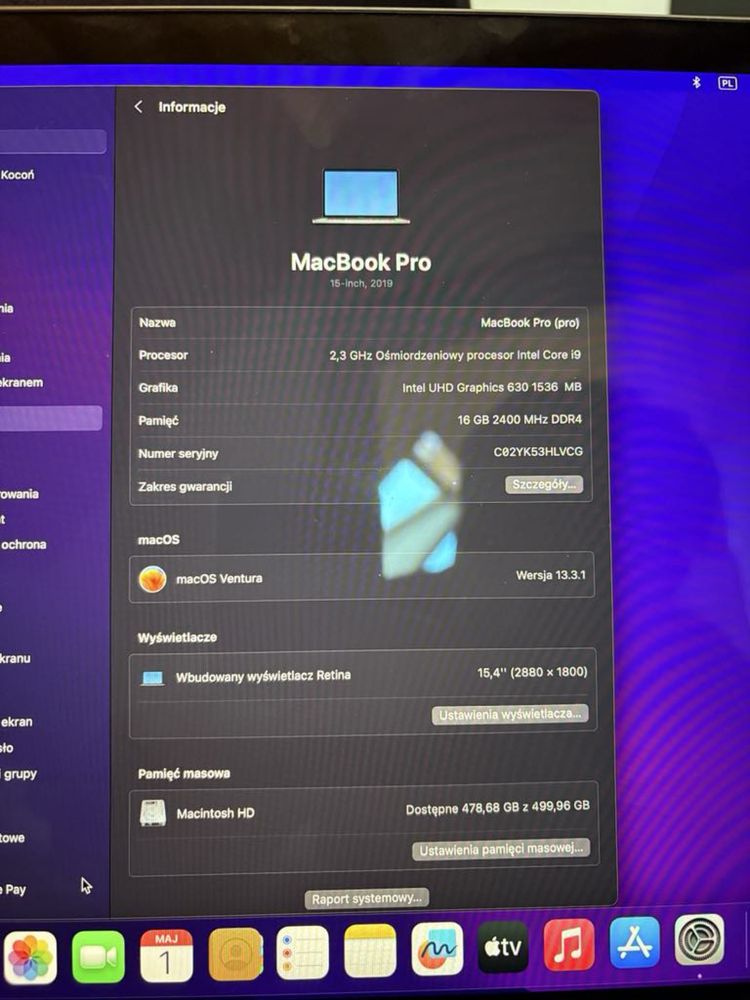 macbook pro 15 2019 i9 16gb 512gb + darmowa myszka z apple