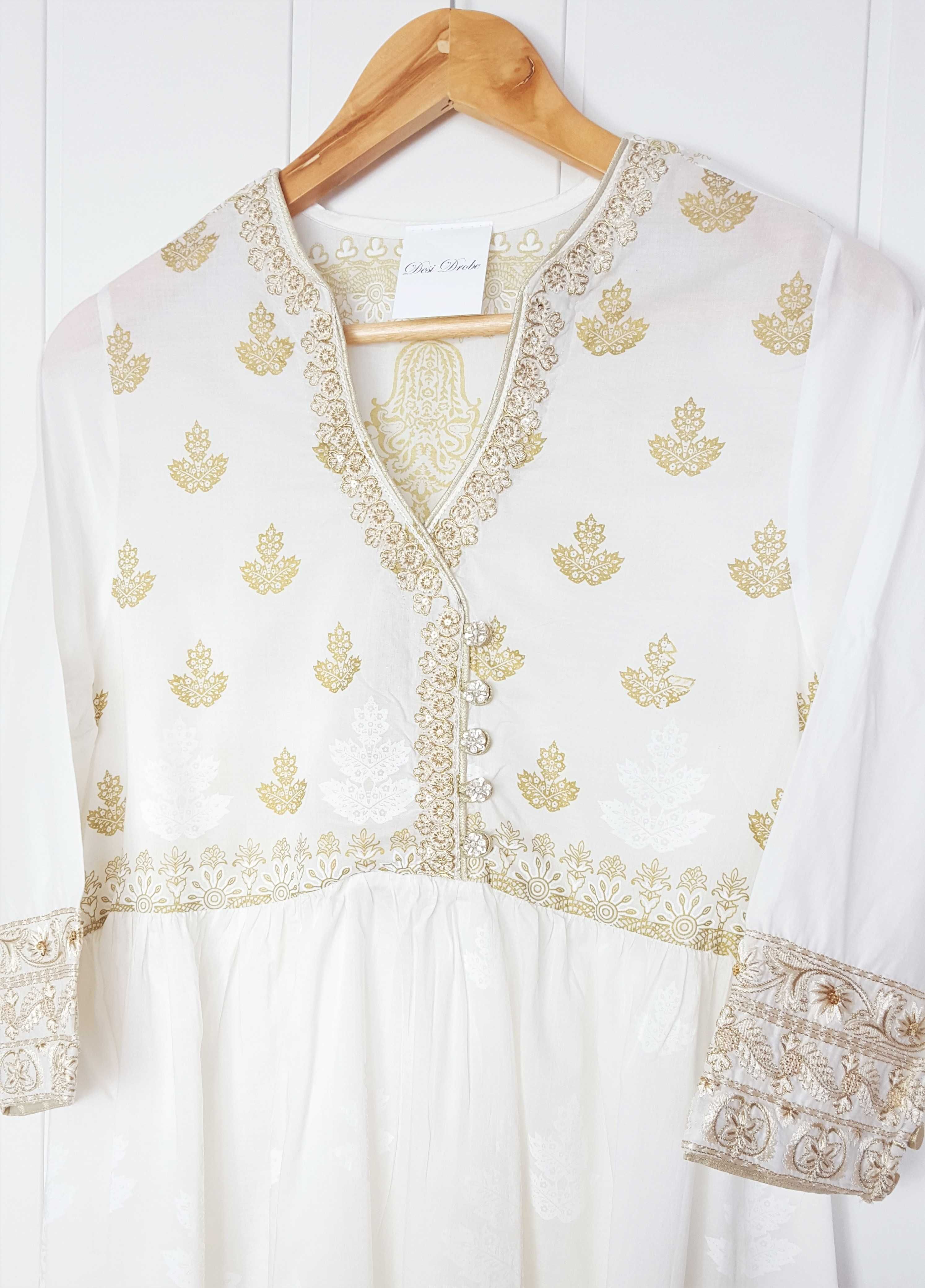 Nowa biała sukienka indyjska S 36 złoty biały wzór boho hippie bawełna