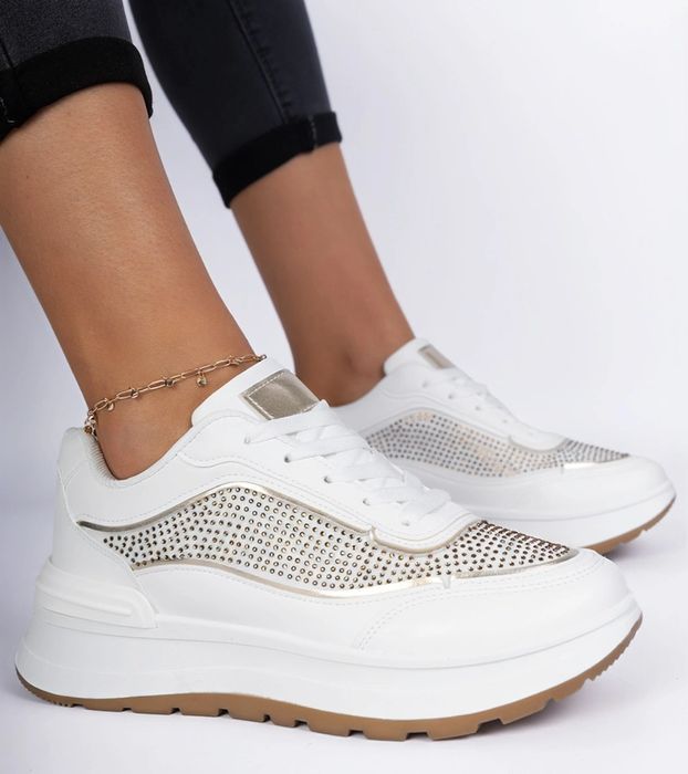 Białe damskie sneakersy z cyrkoniami Fucco