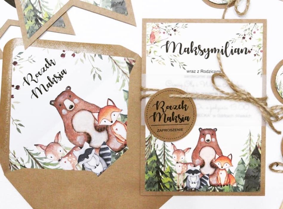 Zaproszenia na urodziny urodzinowe roczek dekoracje woodland leśne