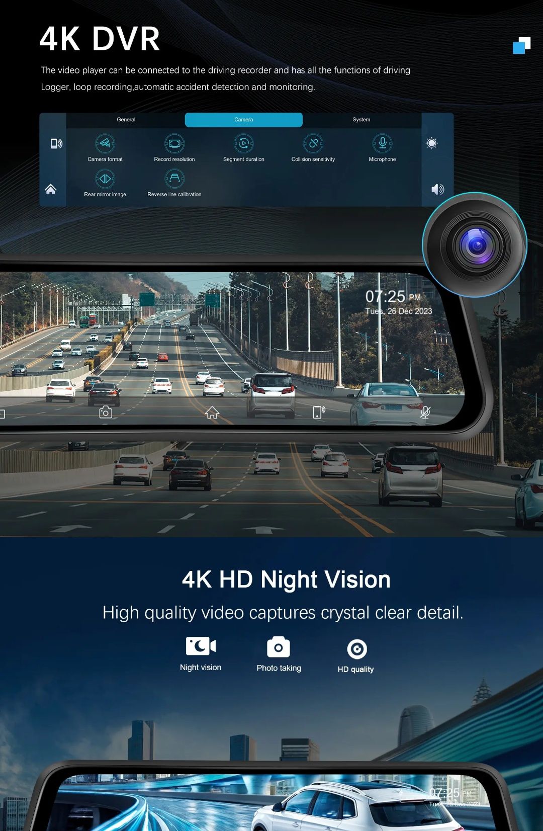 Espelho retrovisor 12 polegadas com Dashcam DVR 4K rádio FM Wi-Fi NOVO