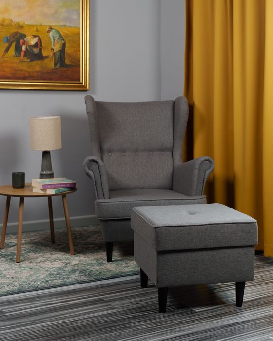 Fotel uszak szary z podnóżkiem Nowy