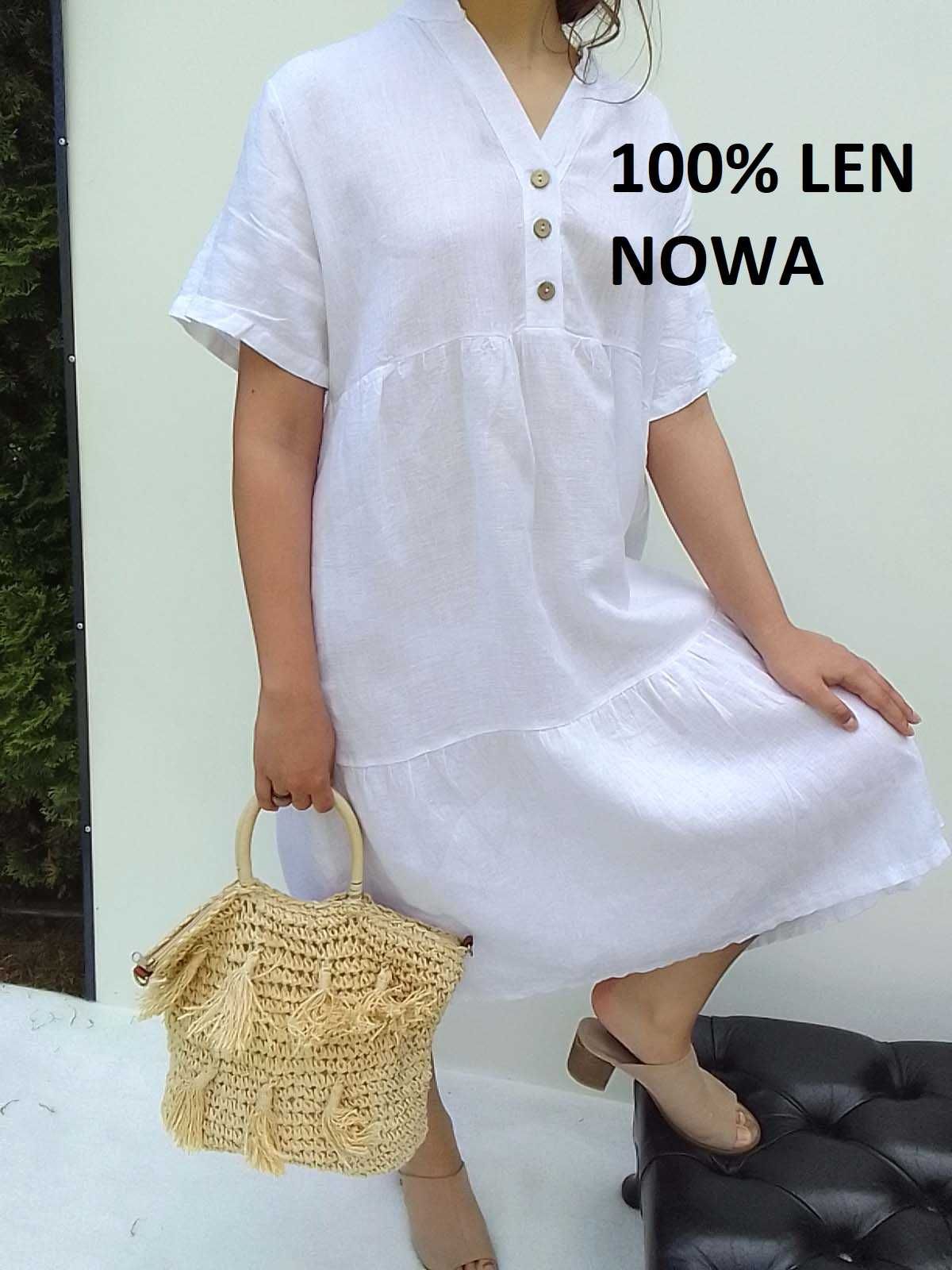 Biała lniana sukienka 100% len puro lino S M L XL Nowa z metką